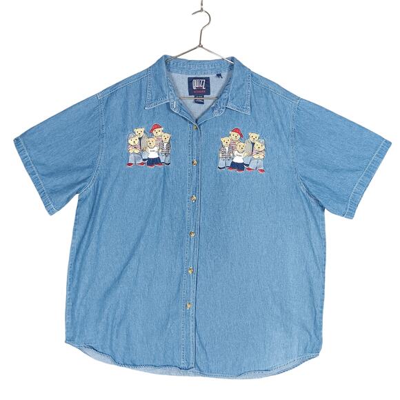 Vintage Quizz NY Woman Chambray Teddy Bears Embroidered Shirt Size 24 Blue - Picture 4 of 10
